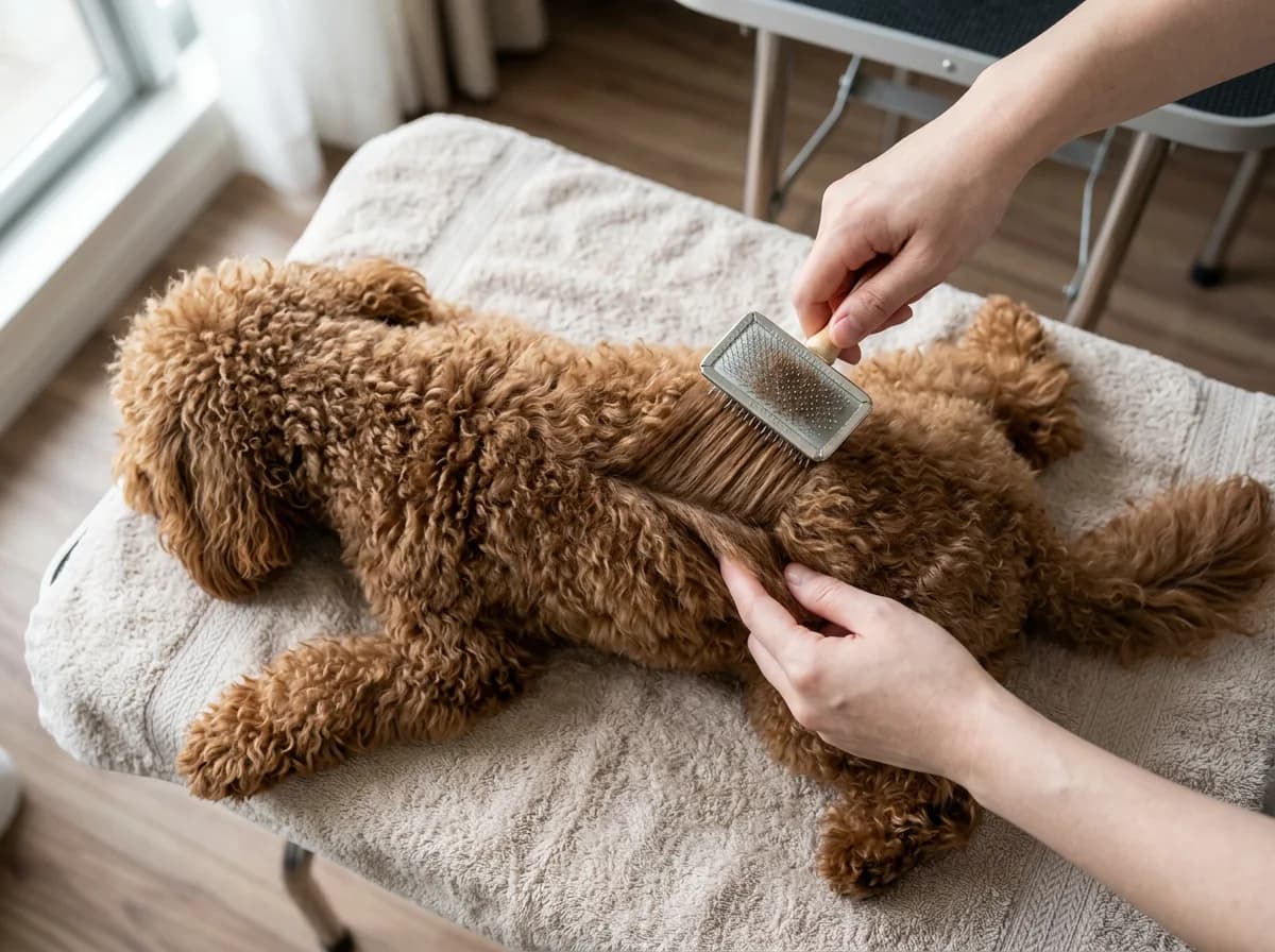 brown Maltipoo lying on a towel being line-brushed with a slicker brush, overhead angle showing the parted coat