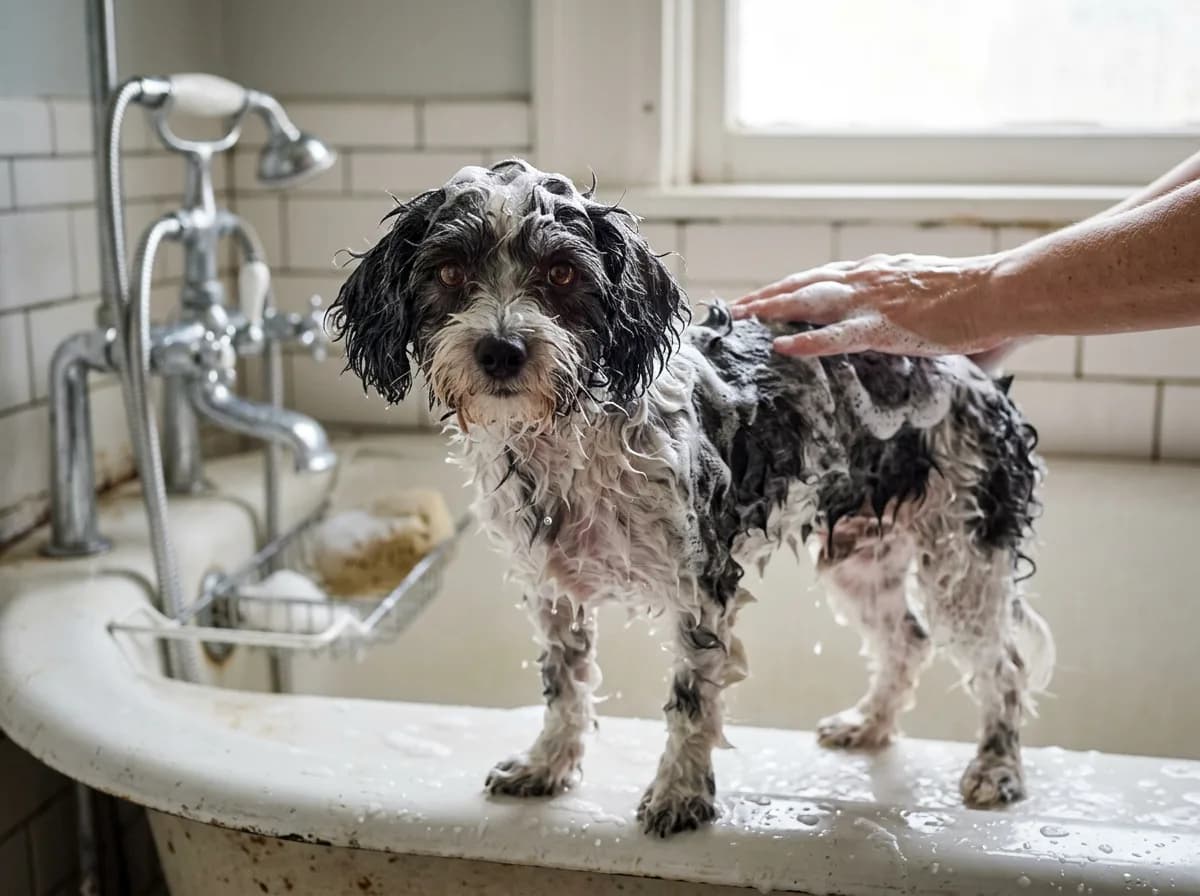 black-and-white parti Maltipoo standing in a bathtub being lathered with dog shampoo, eye-level, water droplets on the coat