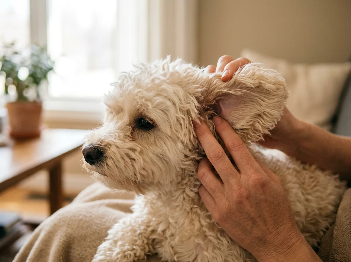 owner's fingers parting the coat behind a cream Maltipoo's ear to check for a mat, close-up, natural window light