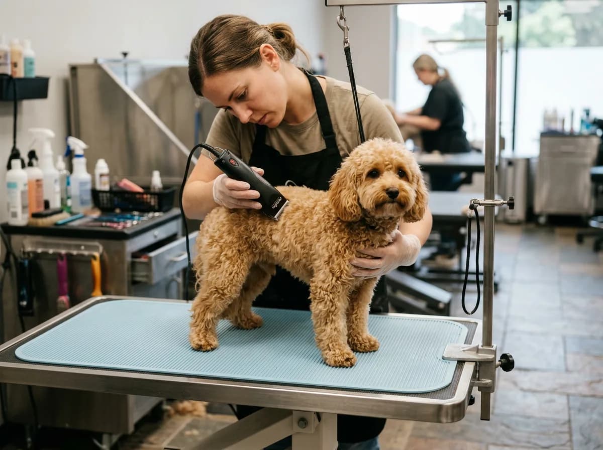 tan Maltipoo standing on a professional grooming salon table while a groomer trims the coat with clippers, side angle