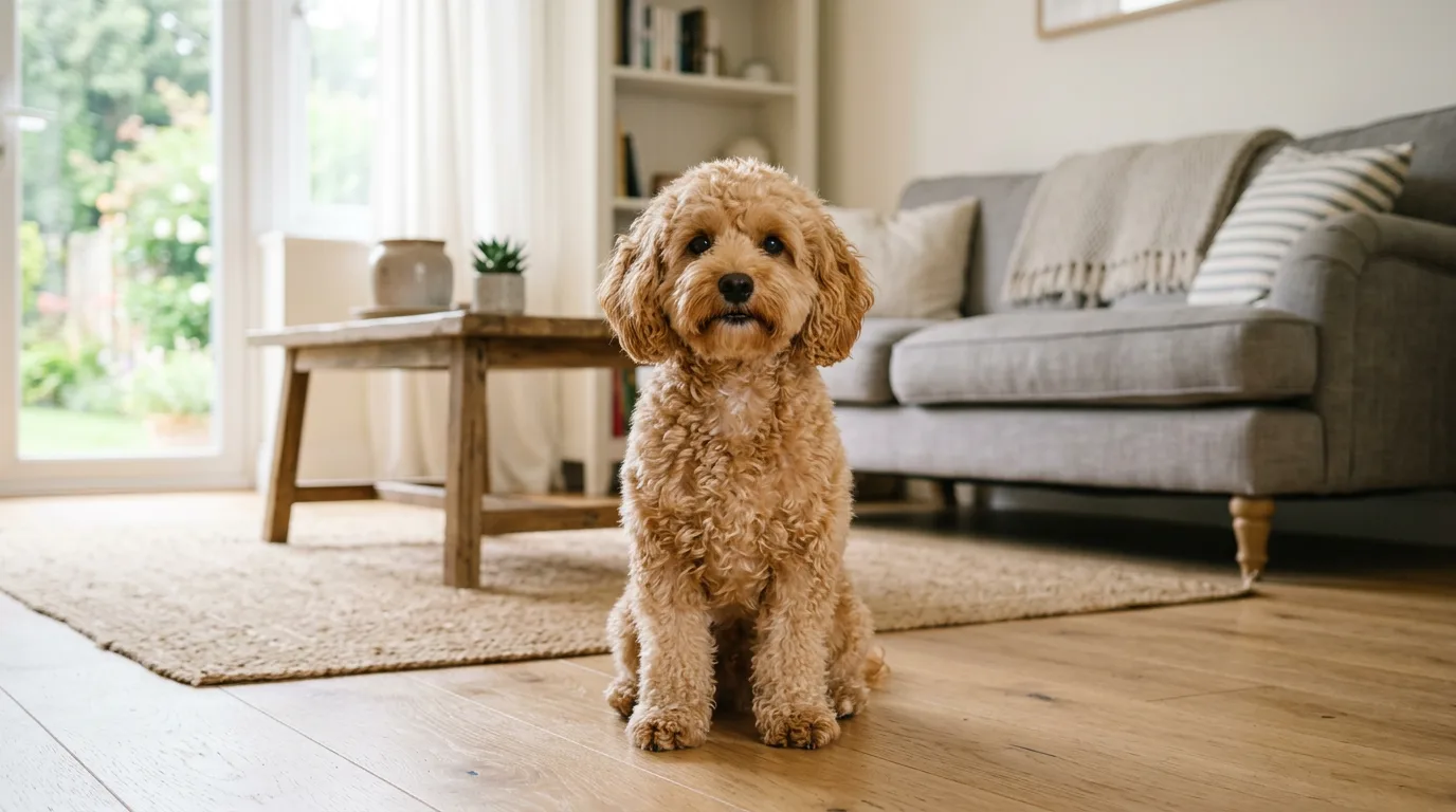 apricot adult Maltipoo sitting upright on a light hardwood floor in a bright living room, curly coat, alert expression, soft window light