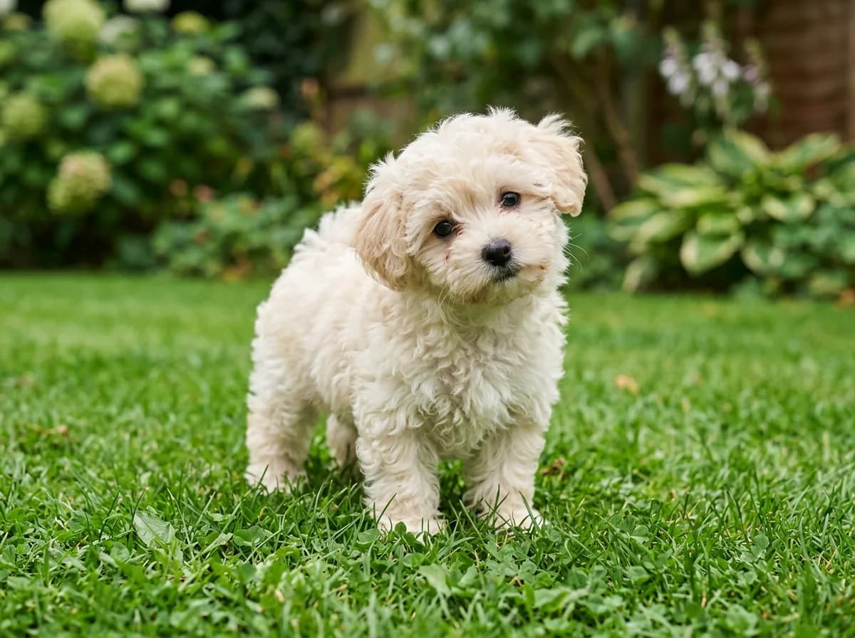 fluffy white Maltese and Poodle cross puppy standing on green backyard grass, cream coat, tiny build, curious head tilt, natural daylight
