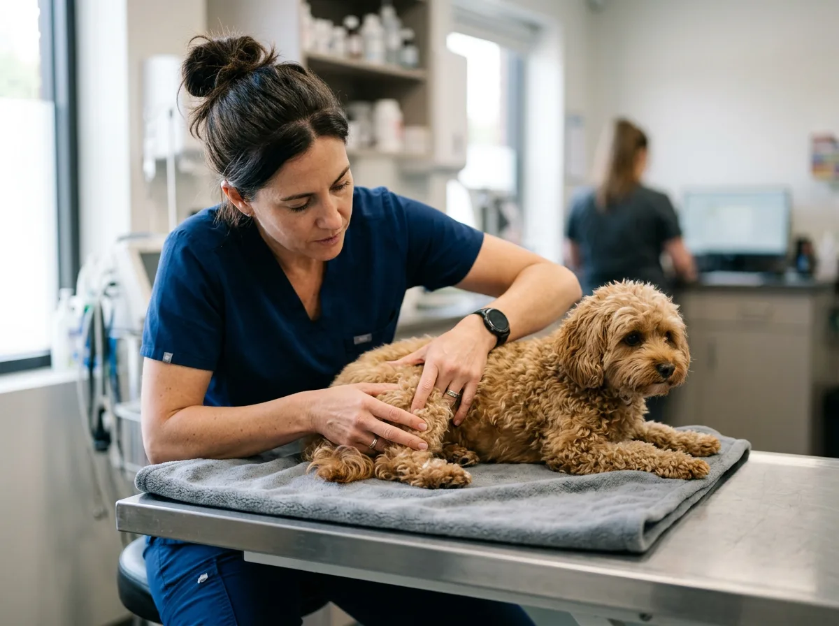 veterinarian in blue scrubs gently examining the back knee of a small brown Maltipoo on a stainless exam table, clinical setting, focused hands