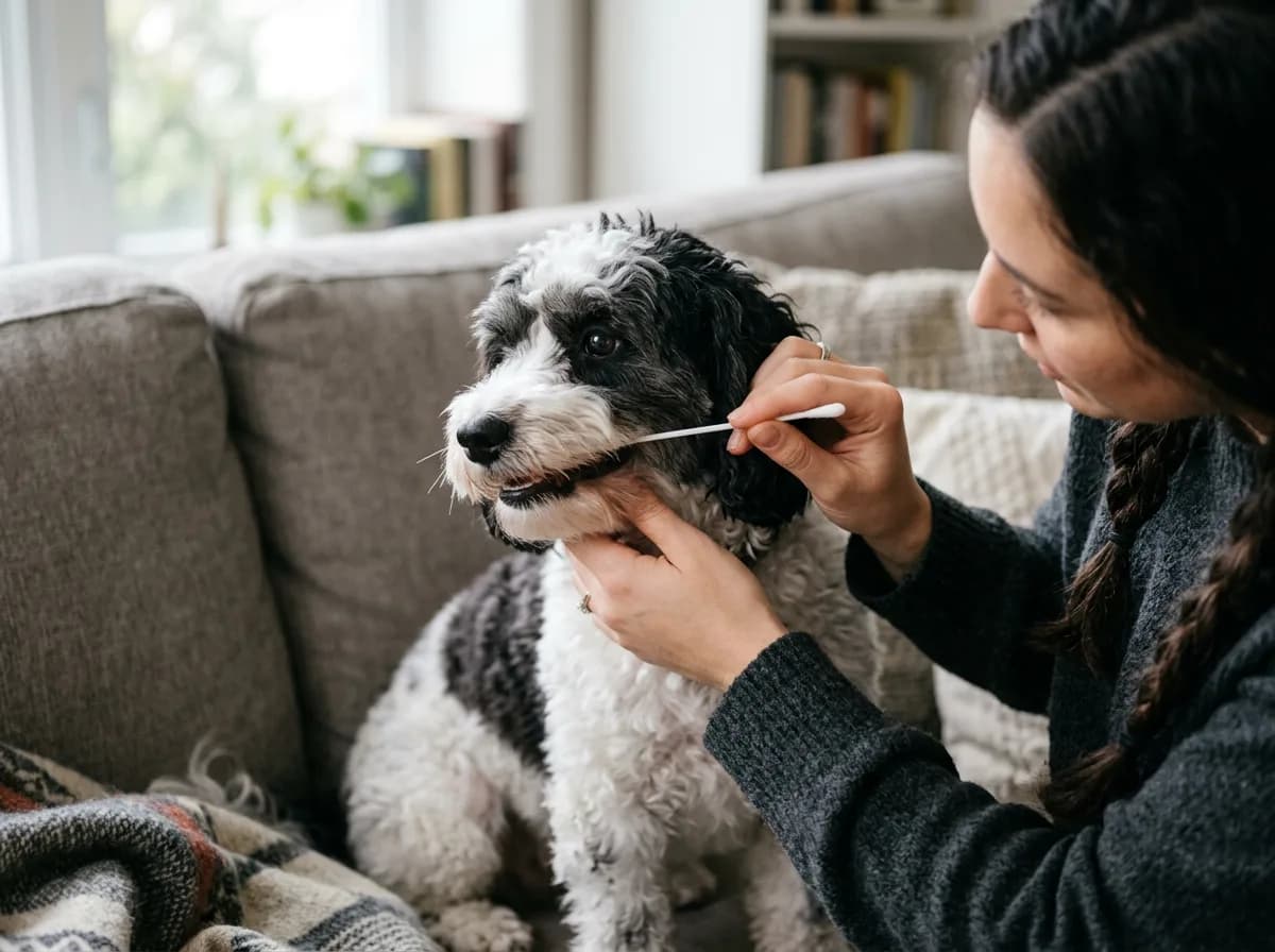 cheek swab DNA test being taken from a black and white parti colored Maltipoo held by owner on a couch, close up of swab and dog's calm face