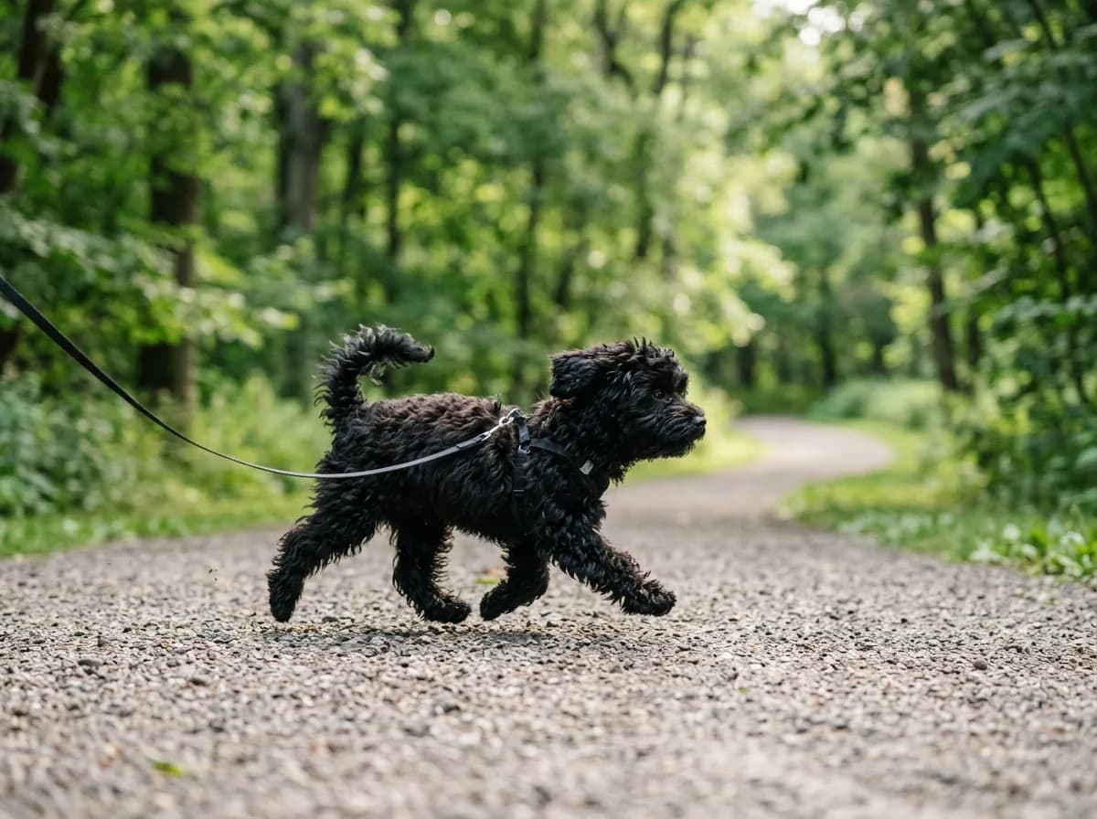 solid black small Maltipoo trotting along a gravel park path on a leash, side profile action shot, coat bouncing, green trees blurred behind, morning light