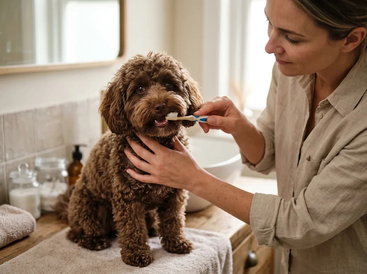 chocolate brown curly Maltipoo having its teeth brushed with a small canine toothbrush, owner's hand steady, bathroom setting, dog looking calm