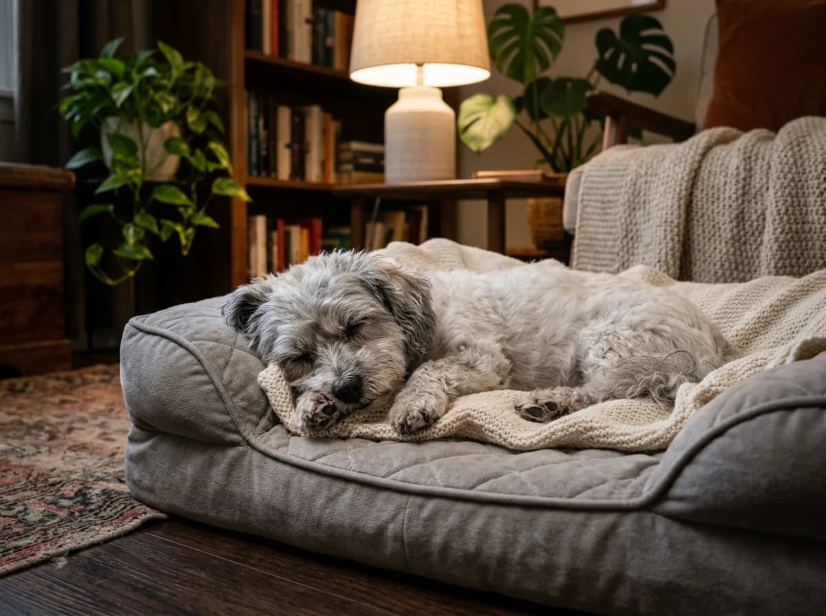 elderly grey muzzled white Maltipoo resting comfortably on a padded orthopedic dog bed, soft blanket, calm home setting, gentle lamp light