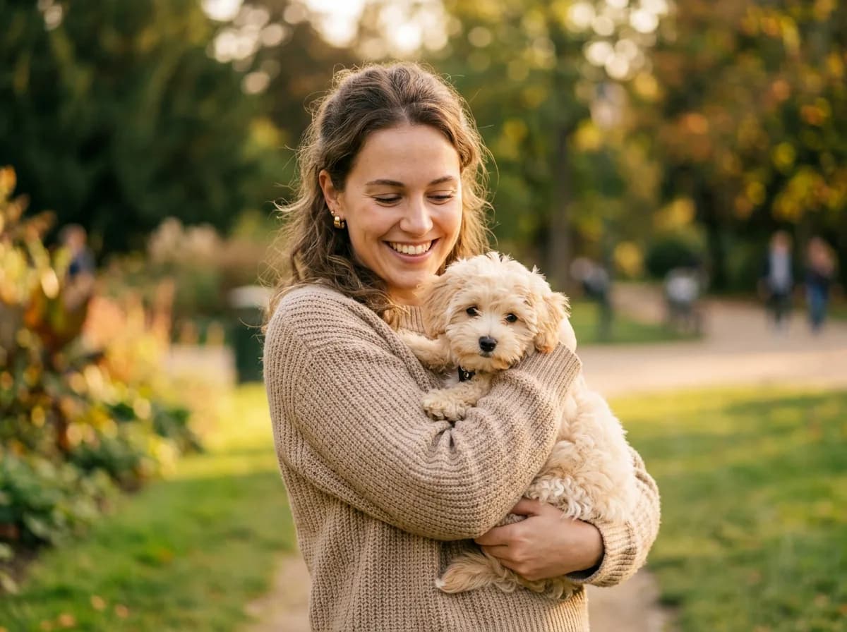 happy young owner cradling a small cream Maltipoo in both arms outdoors in a park, dog looking content, warm late afternoon light, bonding moment