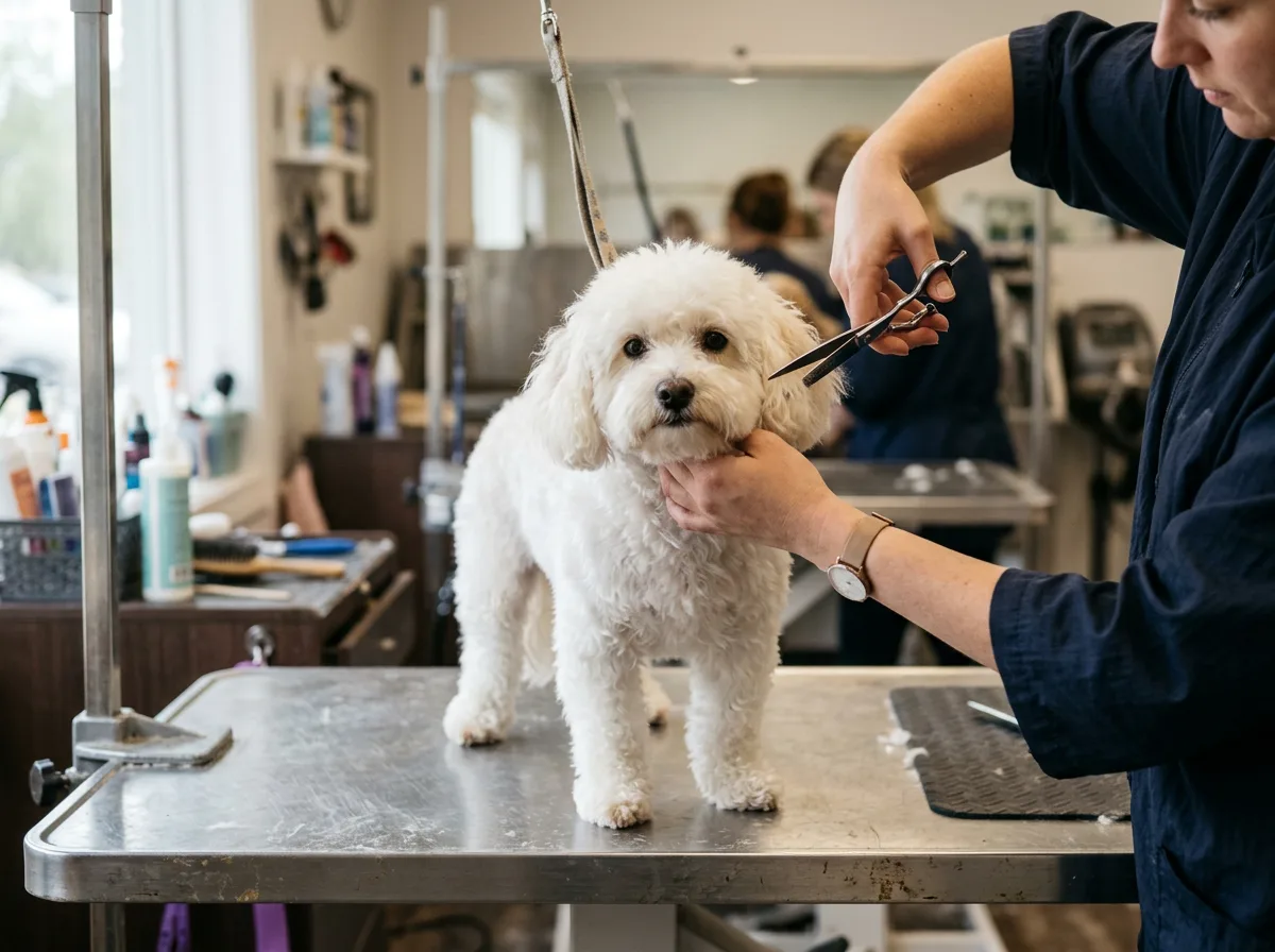 fluffy white adult Maltipoo standing on a stainless steel grooming table at a salon, groomer's hands visible with scissors