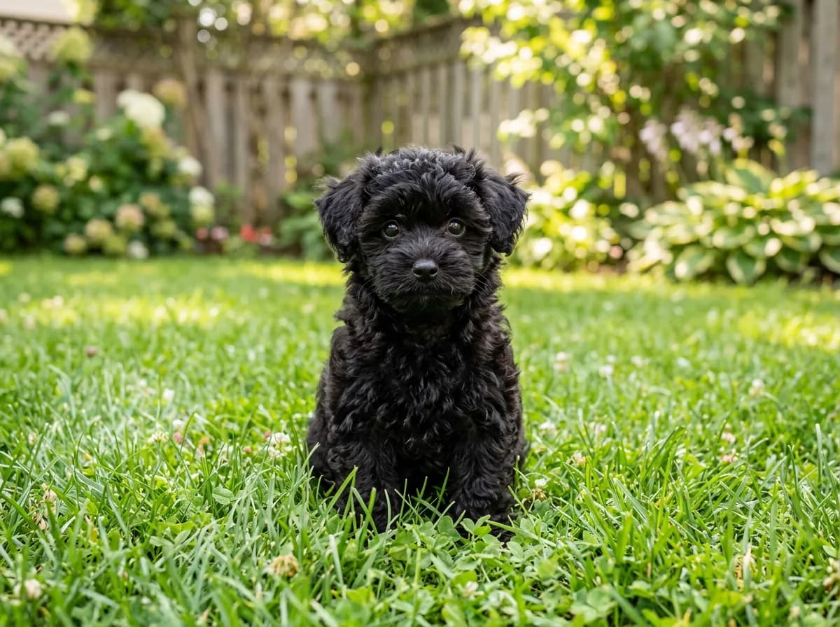 small black Maltipoo puppy sitting in green grass in a sunny backyard, ears perked