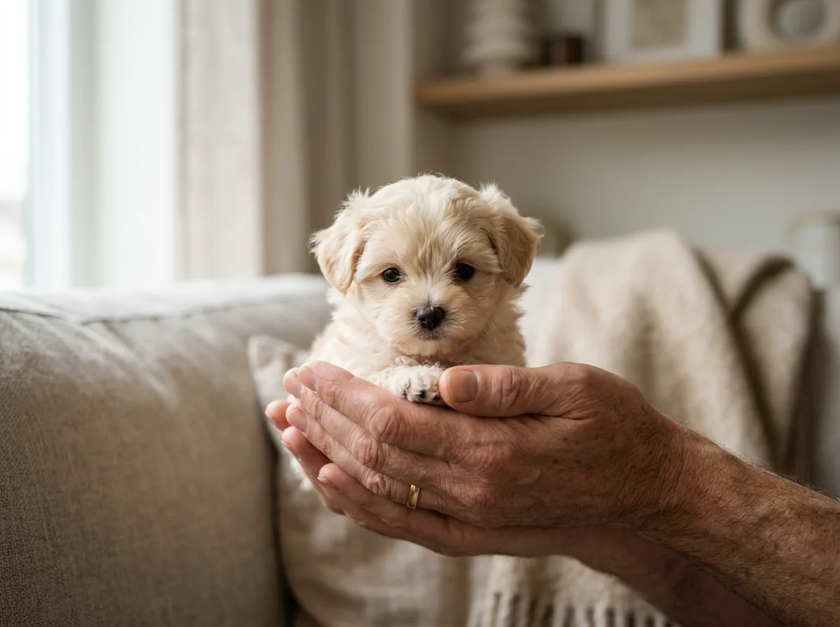 tiny teacup cream Maltipoo puppy being cradled in two adult hands to show its small size, neutral indoor background