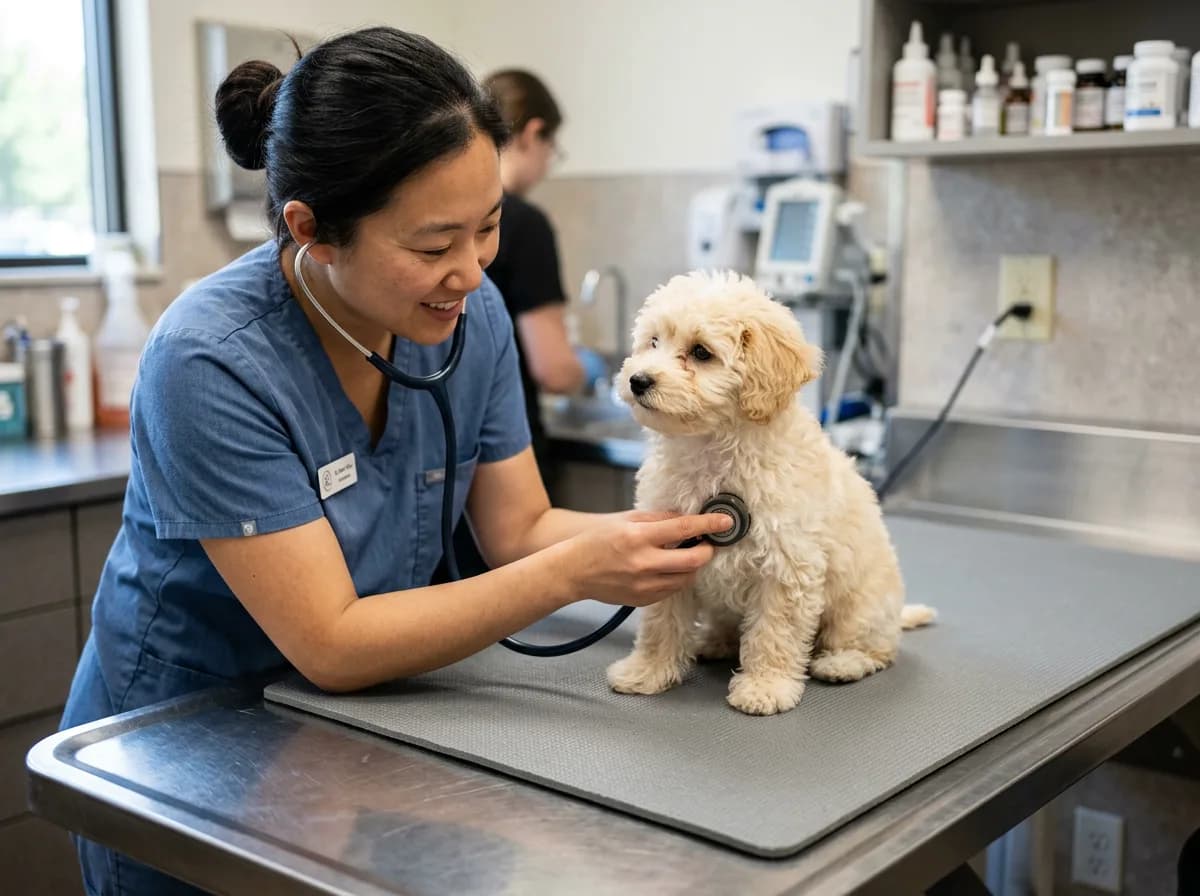 cream Maltipoo puppy on a veterinary exam table while a vet in blue scrubs listens with a stethoscope