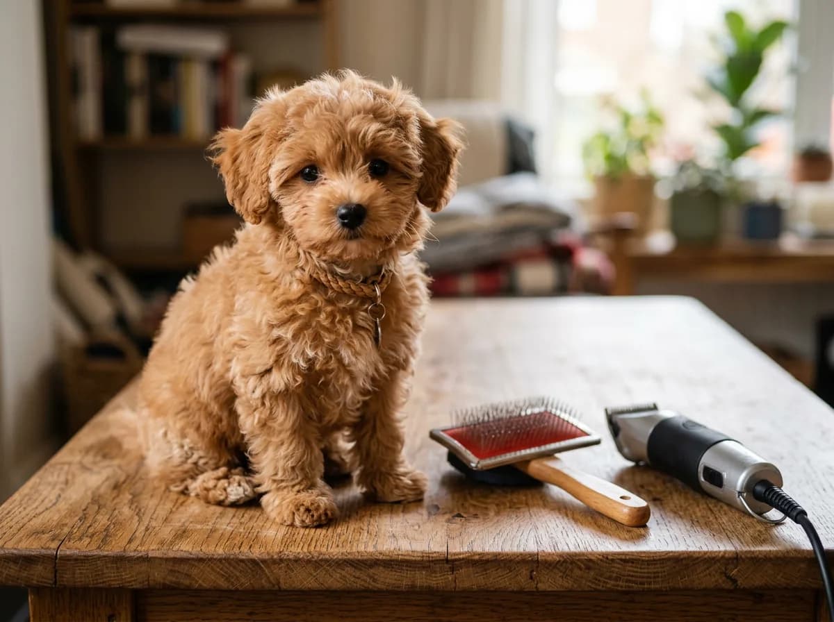 red apricot Maltipoo puppy sitting beside a slicker brush and dog clippers on a wooden table, close-up