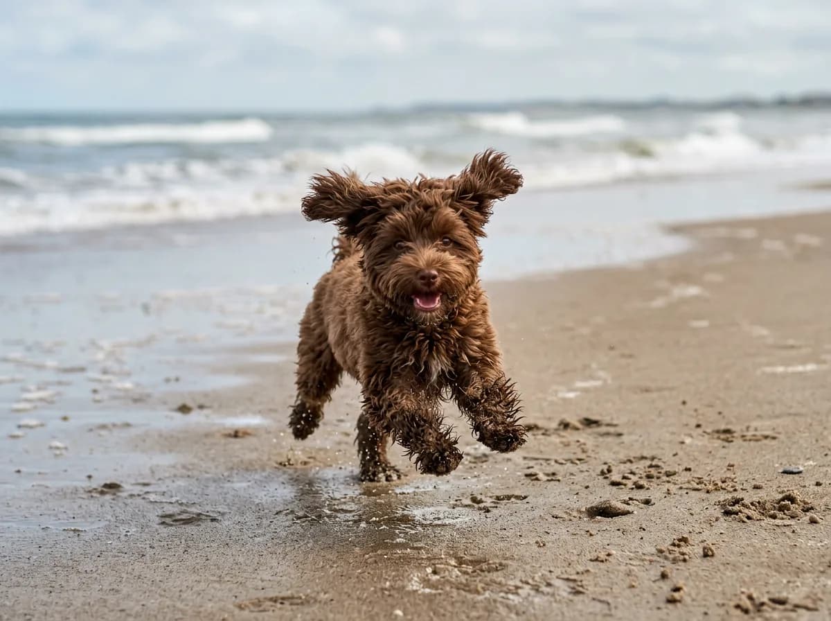 chocolate brown Maltipoo running toward camera on wet sand at the beach, ears flying