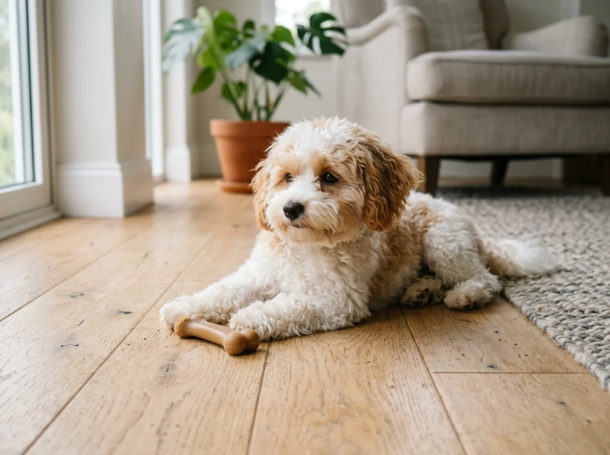parti-color white and apricot Maltipoo lying on a light hardwood floor with a chew toy, relaxed