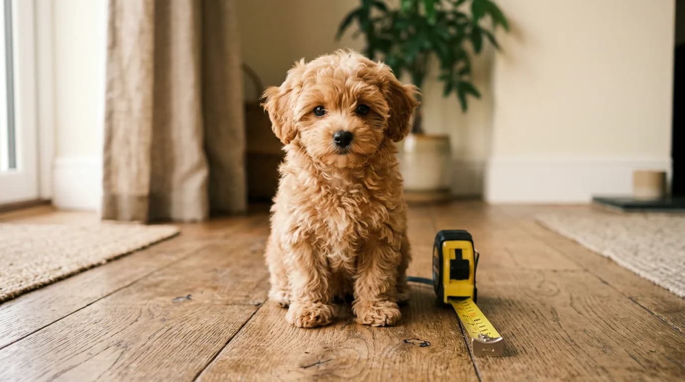 apricot toy Maltipoo puppy sitting on a wood floor next to a tape measure, front-on, soft daylight