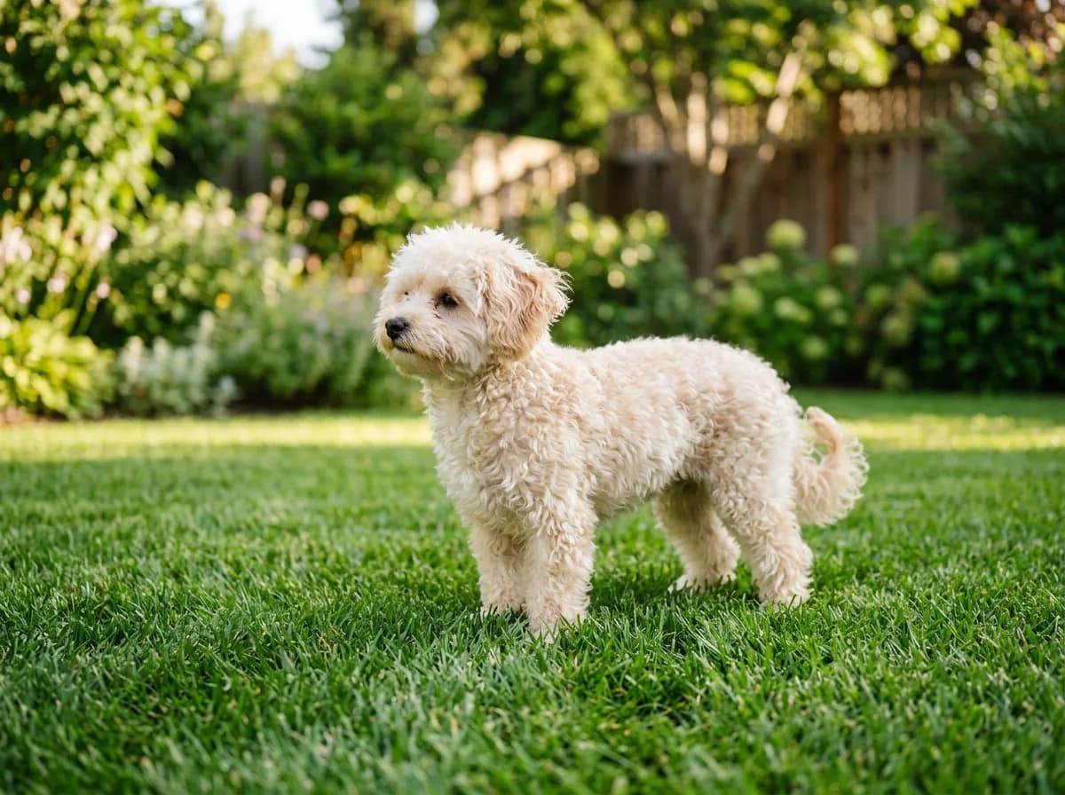 cream mini Maltipoo standing in profile on green grass in a backyard, full body visible, bright afternoon light