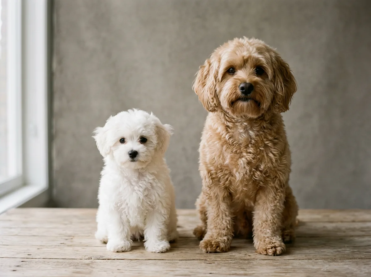 side-by-side of a small white toy Maltipoo and a larger tan mini Maltipoo on a neutral studio backdrop showing the size difference