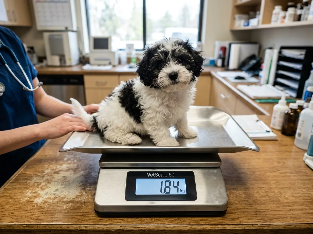 fluffy black-and-white parti Maltipoo puppy on a scale at a veterinary clinic being weighed, overhead angle