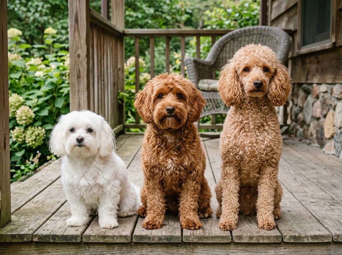 red-brown Maltipoo adult sitting beside its Maltese and apricot poodle parents on a porch, three dogs showing size and color range