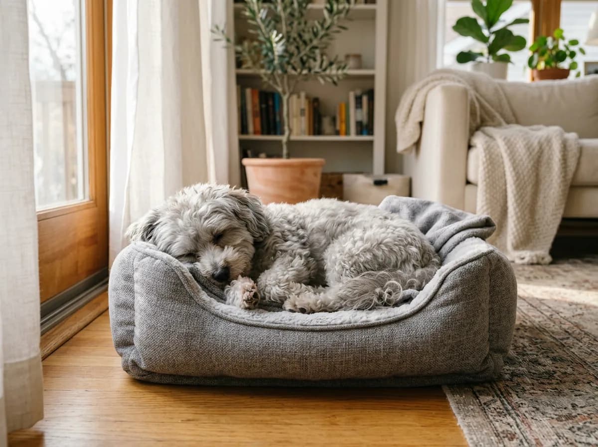 silver Maltipoo curled up asleep in a small orthopedic dog bed in a sunlit living room, eye-level angle