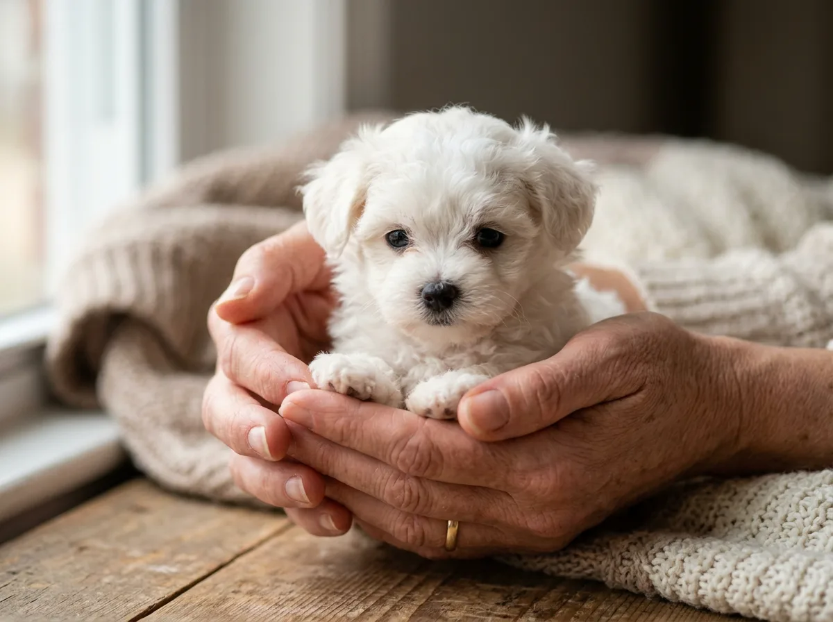 owner holding a tiny white Maltipoo puppy in two cupped hands to show scale, indoor natural light, close-up