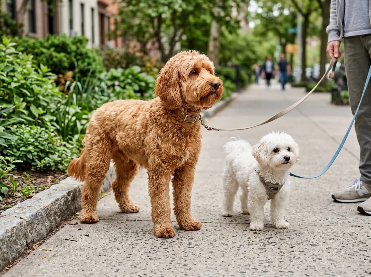 apricot cockapoo standing beside a smaller white Maltipoo on a sidewalk, side angle, showing the size difference between the two doodle breeds