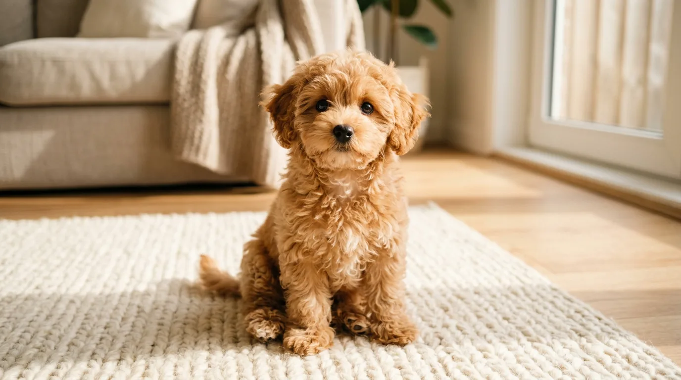 apricot Maltipoo puppy with a soft curly coat sitting on a sunlit cream living-room rug, looking up at the camera, warm morning light