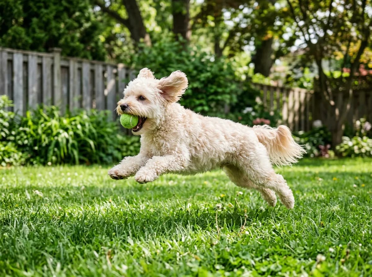 fluffy cream-colored adult Maltipoo mid-leap catching a green ball in a fenced grassy backyard, action shot, bright afternoon light