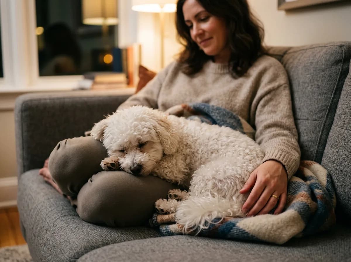 small white curly-coated Maltipoo cuddled contentedly in a woman's lap on a gray sofa, cozy indoor evening lighting, close-up