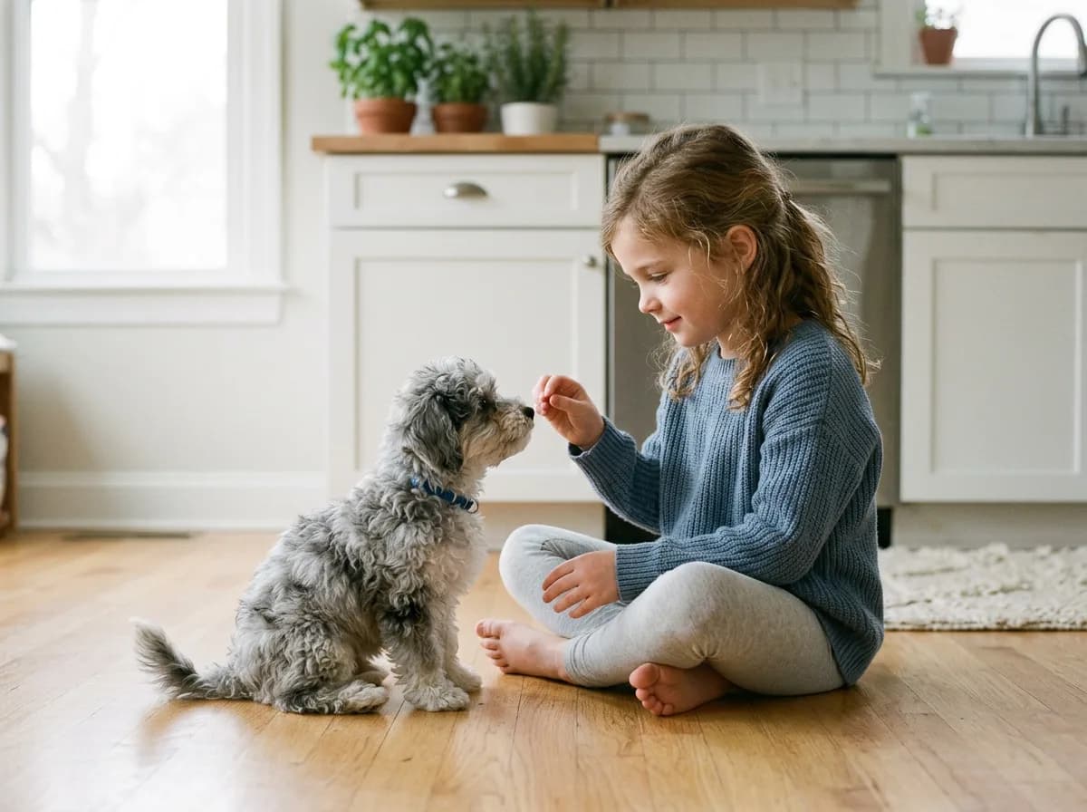gray and white Maltipoo puppy gently meeting a seated child on a light kitchen floor, both calm, supervised, soft natural light