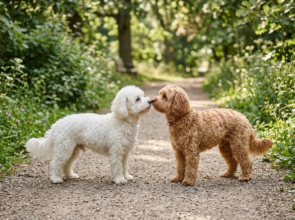 two Maltipoos of different colors, one white and one apricot-brown, greeting each other nose to nose on a park path, outdoor daylight, side angle