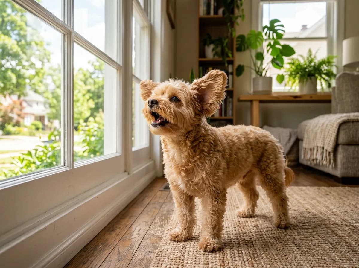 apricot Maltipoo standing alert at a bright front window, ears perked, mid-bark, looking outside, daytime interior light