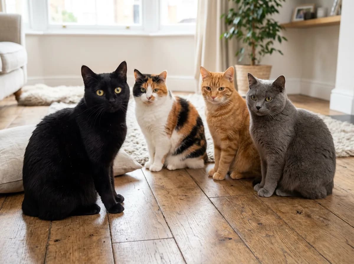 Four tailless Manx cats in different coat colors, black, calico, orange tabby, and blue-grey, sitting together on a wooden floor