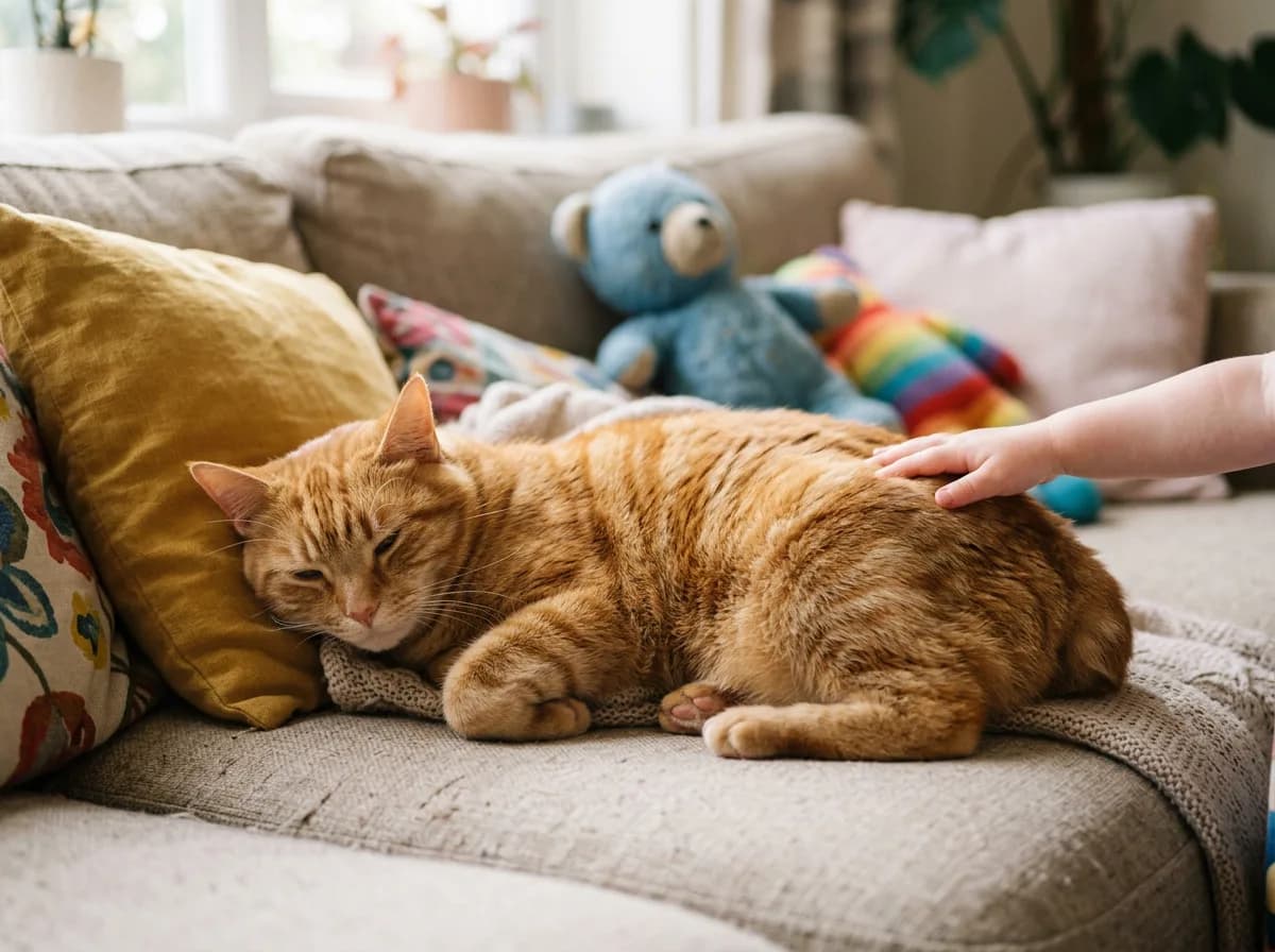A relaxed orange tabby Manx cat lying on a family sofa as a child's hand gently pets it, soft toys in the background