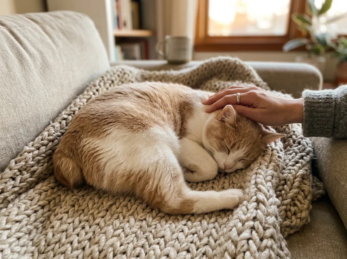 A tailless cream and white Manx cat curled contentedly on a knit blanket while a hand gently strokes it, cozy home scene