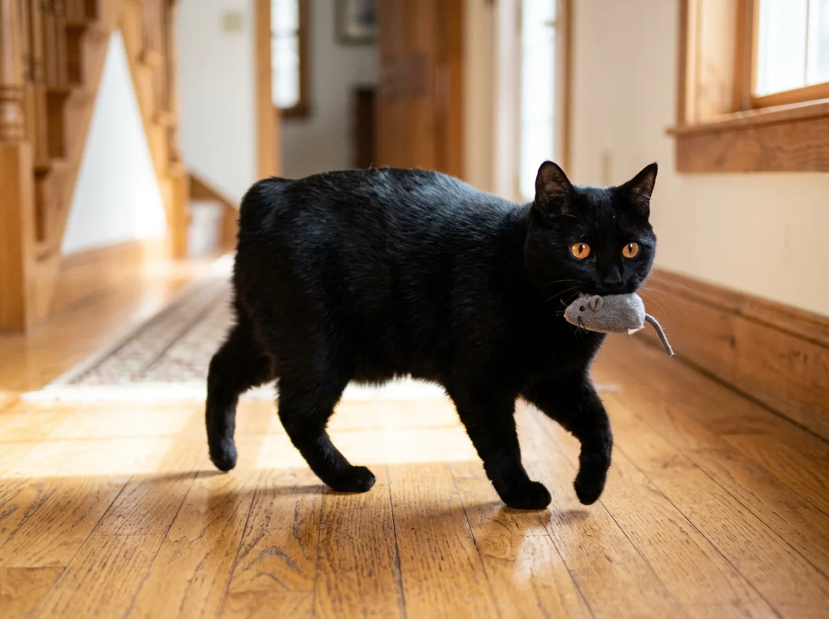 A tailless black Manx cat carrying a small toy mouse in its mouth across a sunlit wood floor, playing fetch like a dog