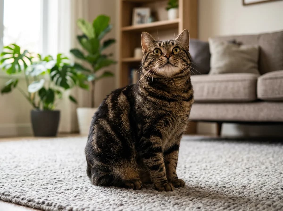 A tailless brown tabby Manx cat sitting upright on a living room rug, looking up attentively with bright, eager round eyes