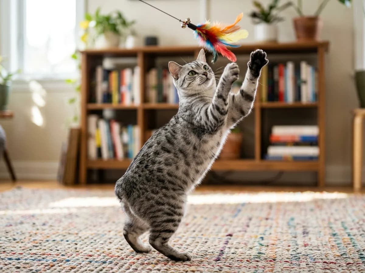 A tailless silver spotted tabby Manx cat standing tall on its powerful hind legs to reach a feather wand toy, athletic build