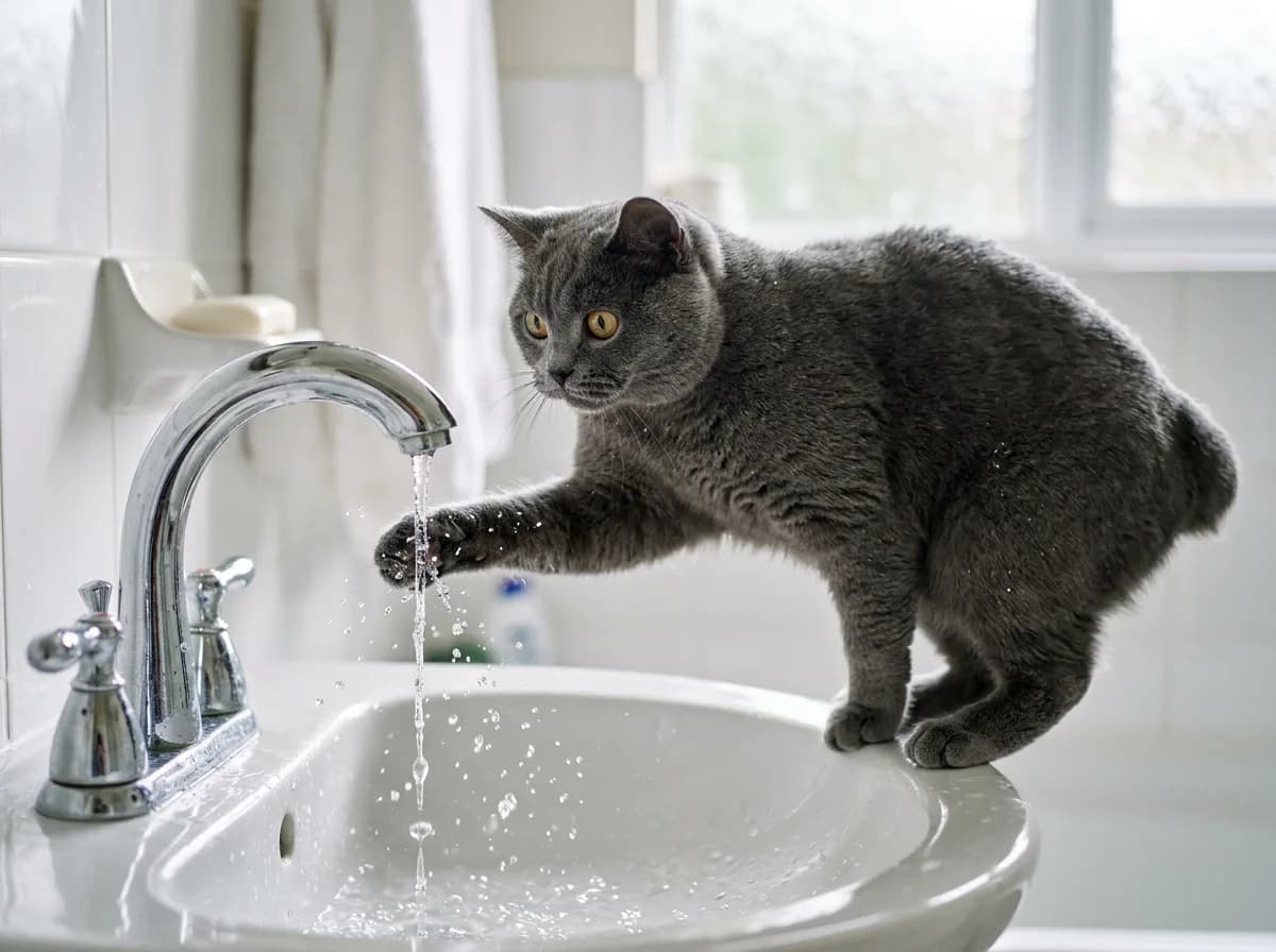 A tailless grey Manx cat perched on a bathroom sink pawing at running water from the faucet, fascinated by the stream