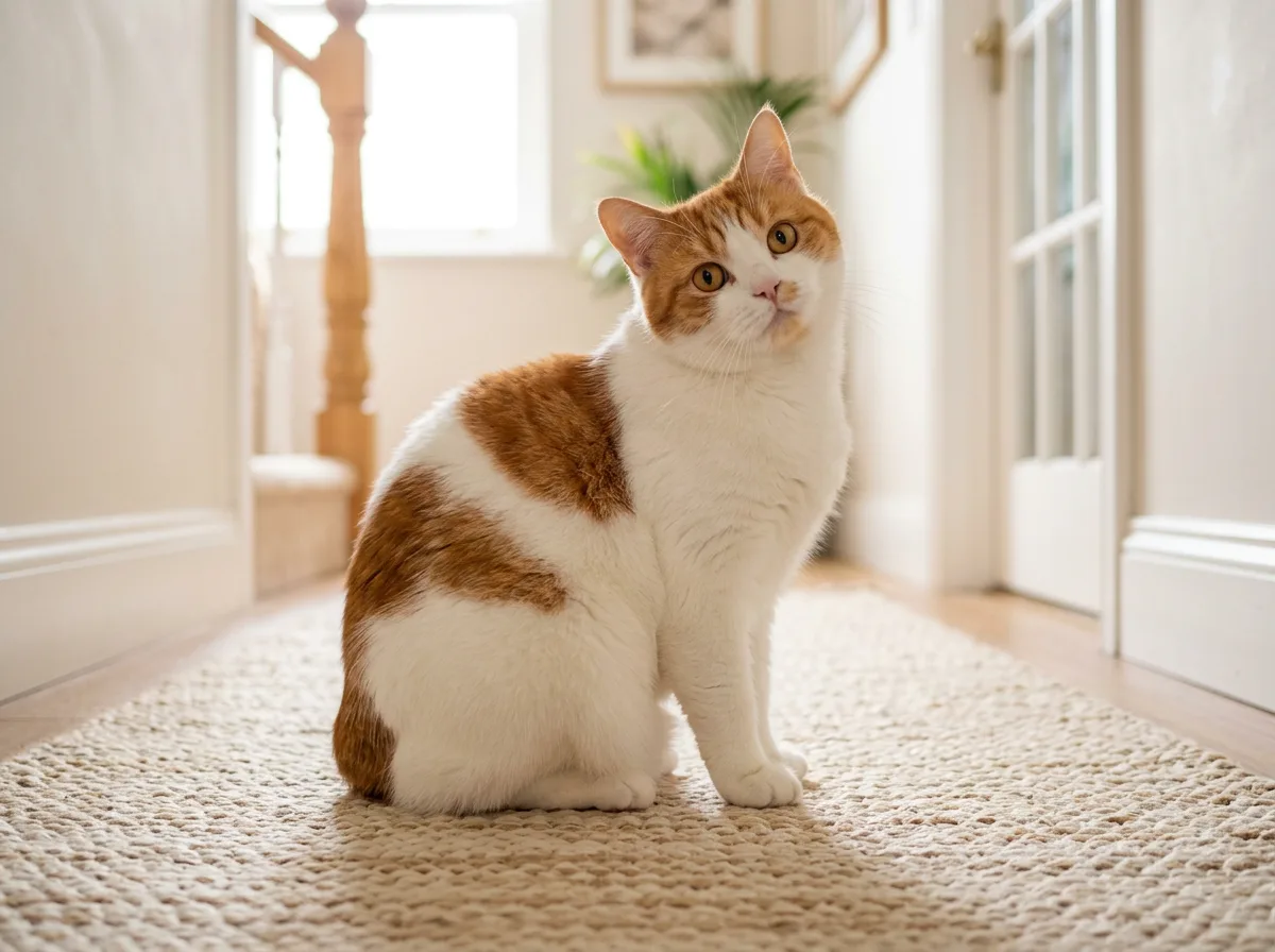 A curious tailless white and orange Manx cat sitting on a rug in a bright hallway, rounded body with no tail visible