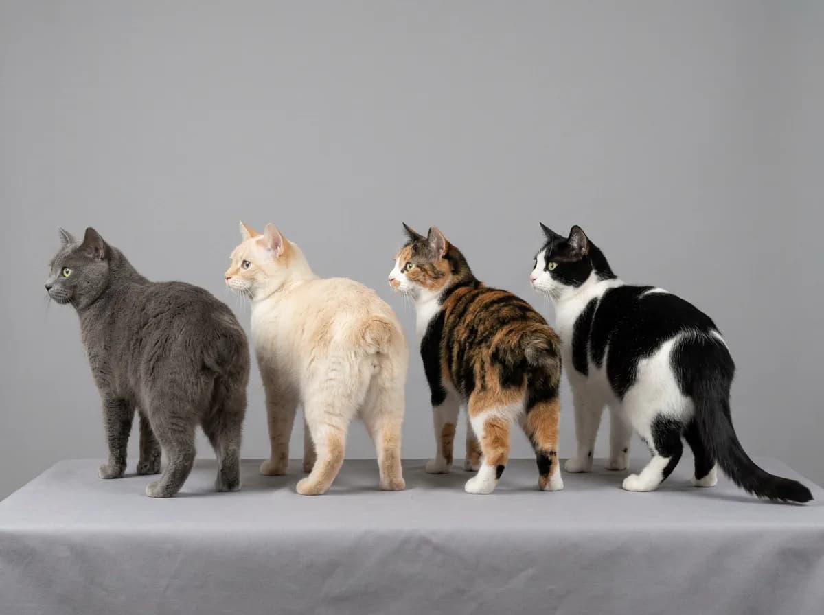 Four Manx cats side by side in a studio, each showing a different tail length from a completely tailless rump to a full tail