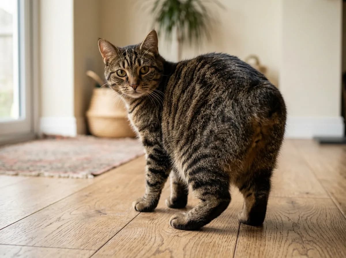 A rumpy Manx cat photographed from behind on a wooden floor, showing the completely tailless rounded rump and arched back