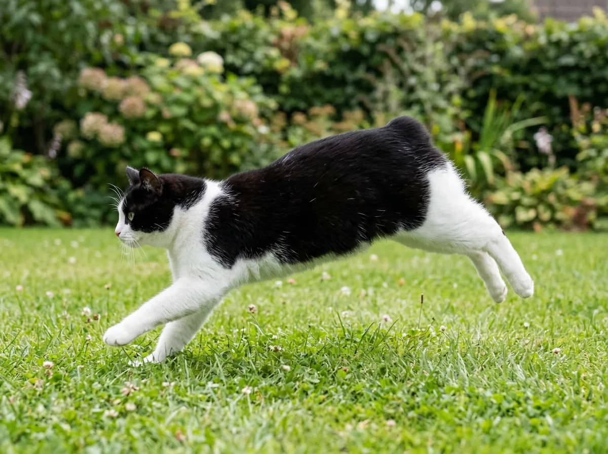 A completely tailless black and white Manx cat leaping across garden grass, its smooth rounded rump carried higher than the shoulders