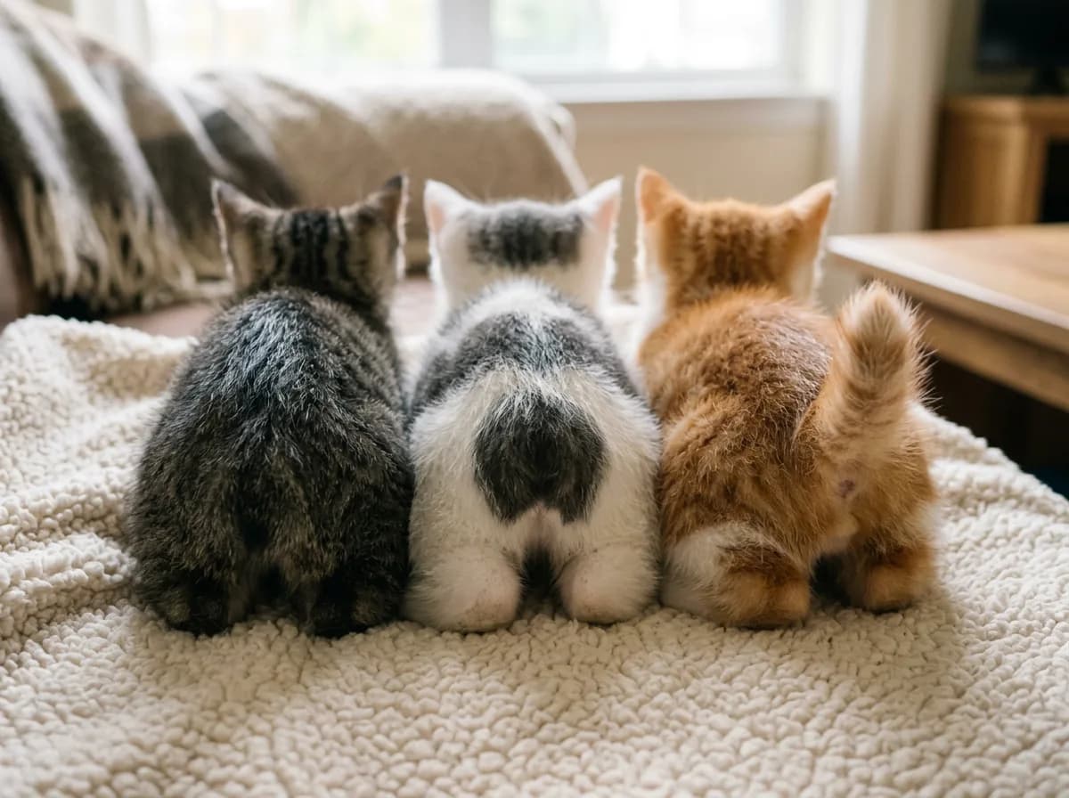 Three Manx kittens viewed from behind on a soft blanket, two with completely tailless rumps and an orange tabby with a short stubby tail