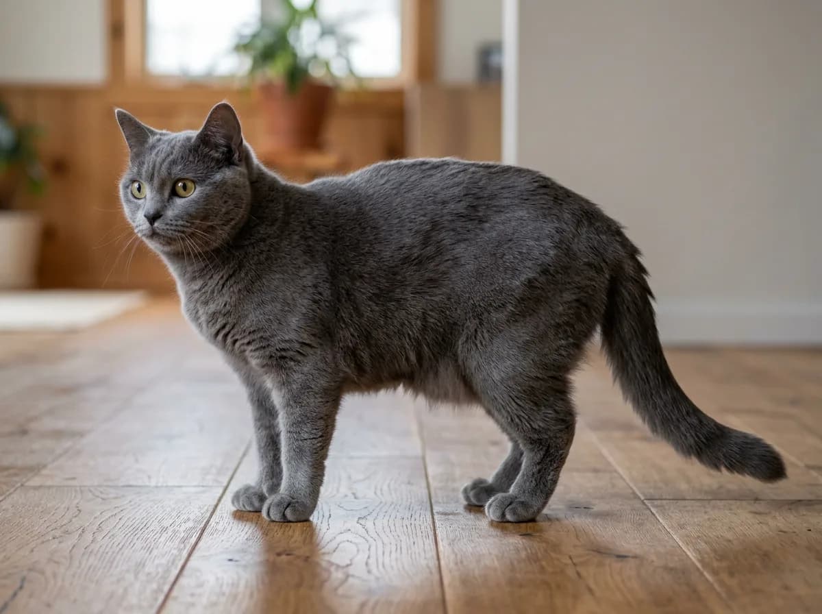 A blue-grey longy Manx cat standing in profile on a wooden floor, showing a full-length tail on the breed's rounded cobby body
