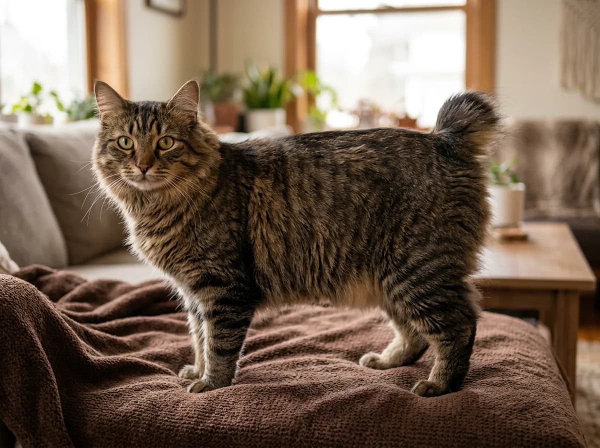 An American Bobtail cat standing on a blanket with its naturally short bobbed tail held upright, another short-tailed breed