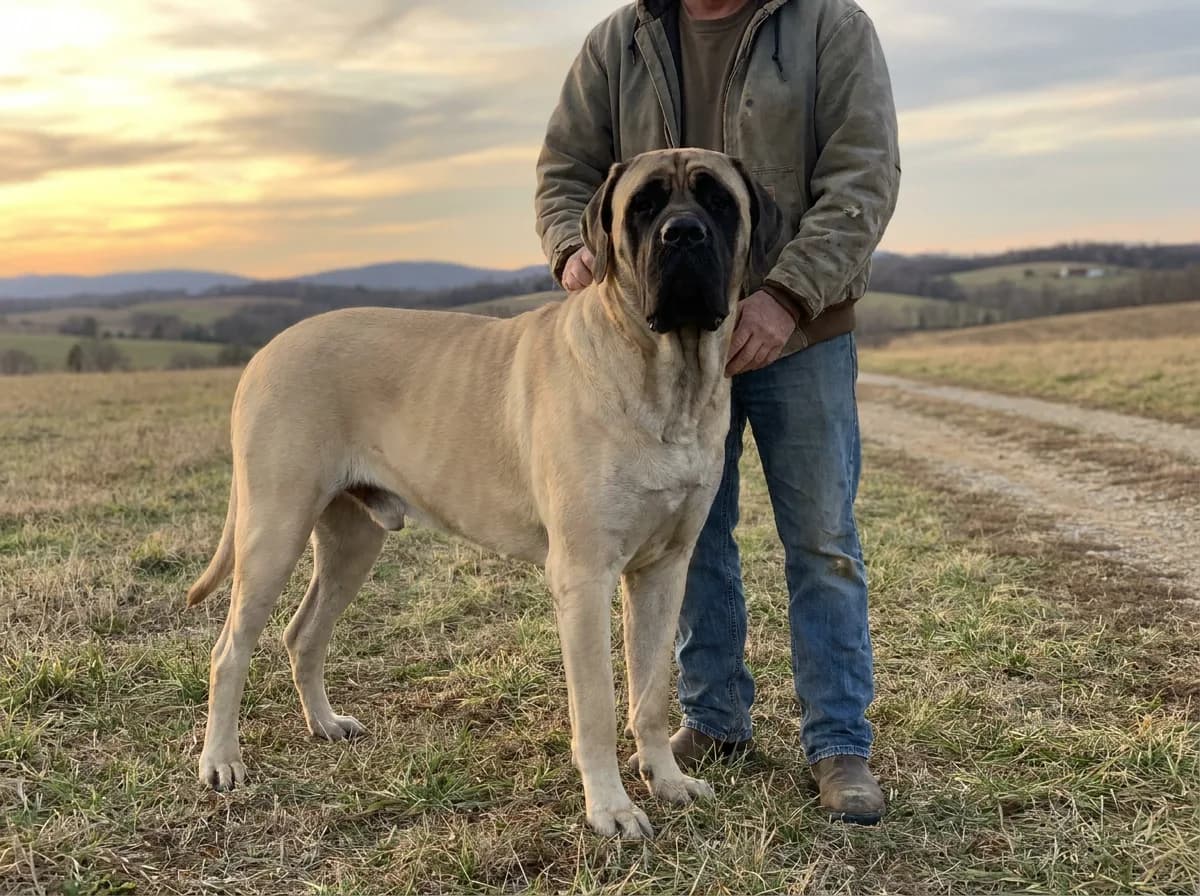 Fawn English Mastiff with a black mask standing beside an adult outdoors.