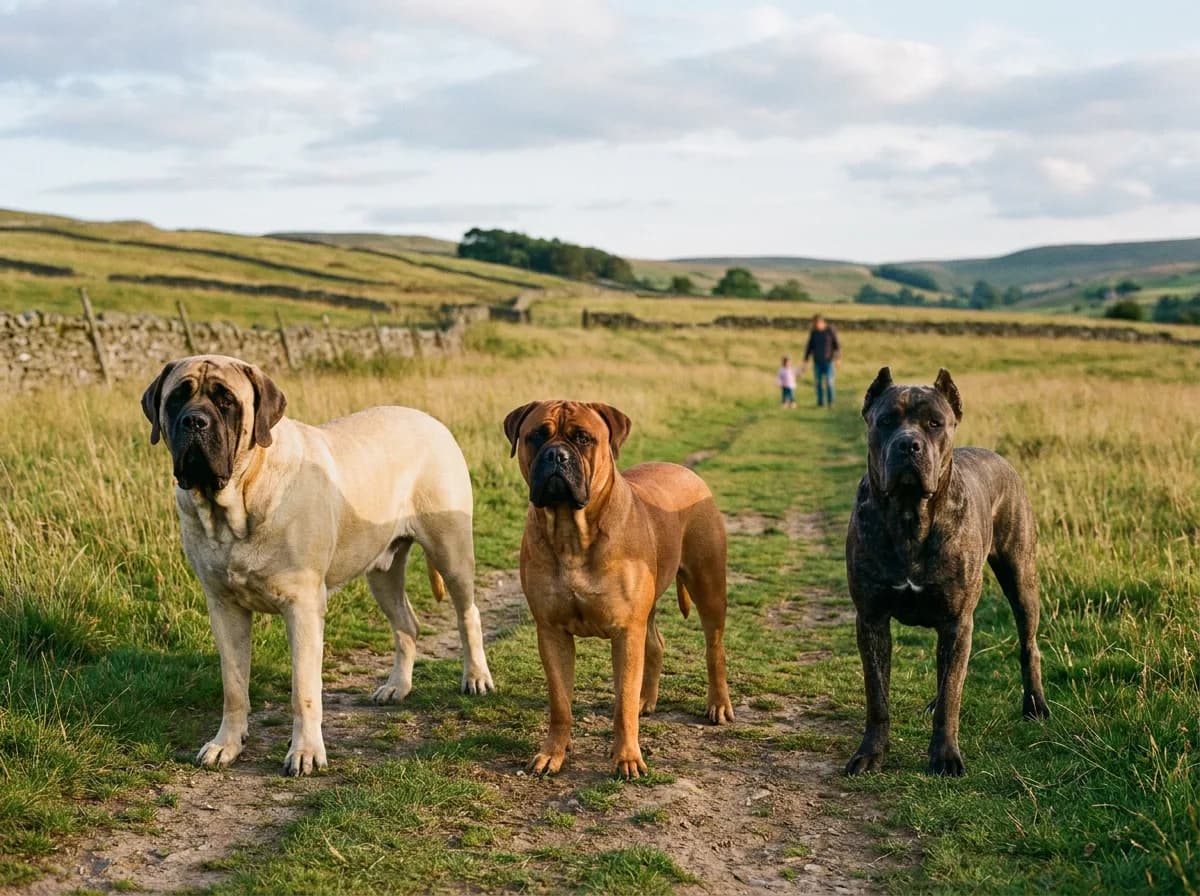 Fawn English Mastiff, reddish Bullmastiff and dark Cane Corso standing on a grassy path.