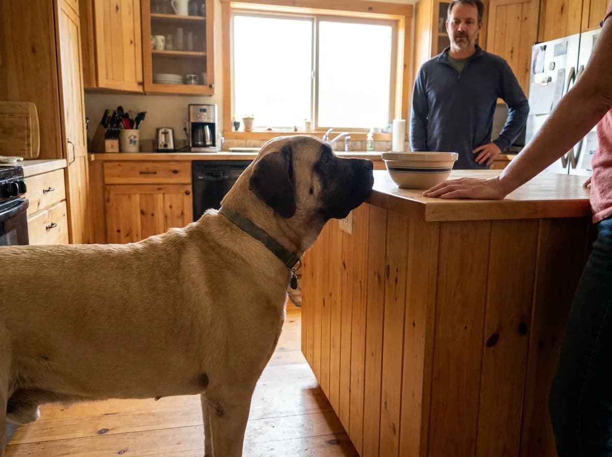 Large fawn Mastiff standing beside a kitchen counter with adults nearby.